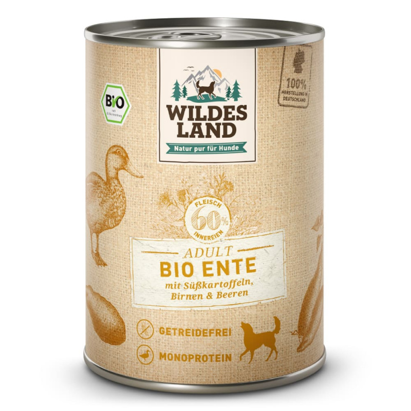 Wildes Land BIO Adult Ente mit Süßkartoffeln, Birnen & Beeren Nassfutter 400 g